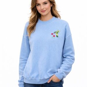 Vintage Jerzees Blue Embroidered Hummingbird Sweatshirt XL Retro Bird Floral